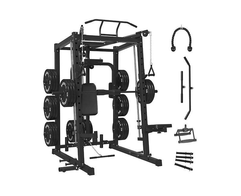 Mikolo Smith Machine with Pec Dec, 2000LBS Squat Rack Chest Fly Machine with Cable System, Workout Weight Cage with Weight Bench, 230LBS Plates, Spott