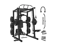 Mikolo Smith Machine with Pec Dec, 2000LBS Squat Rack Chest Fly Machine with Cable System, Workout Weight Cage with Weight Bench, 230LBS Plates, Spott