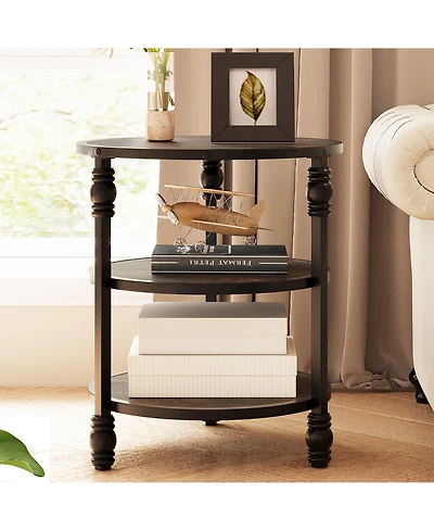 gaomon Round End Table, Small Accent Table with 3 Tier Storage Shelves, Farmhouse Wood Side Table, Metal Frame Industrial Night Stand for Living Room,