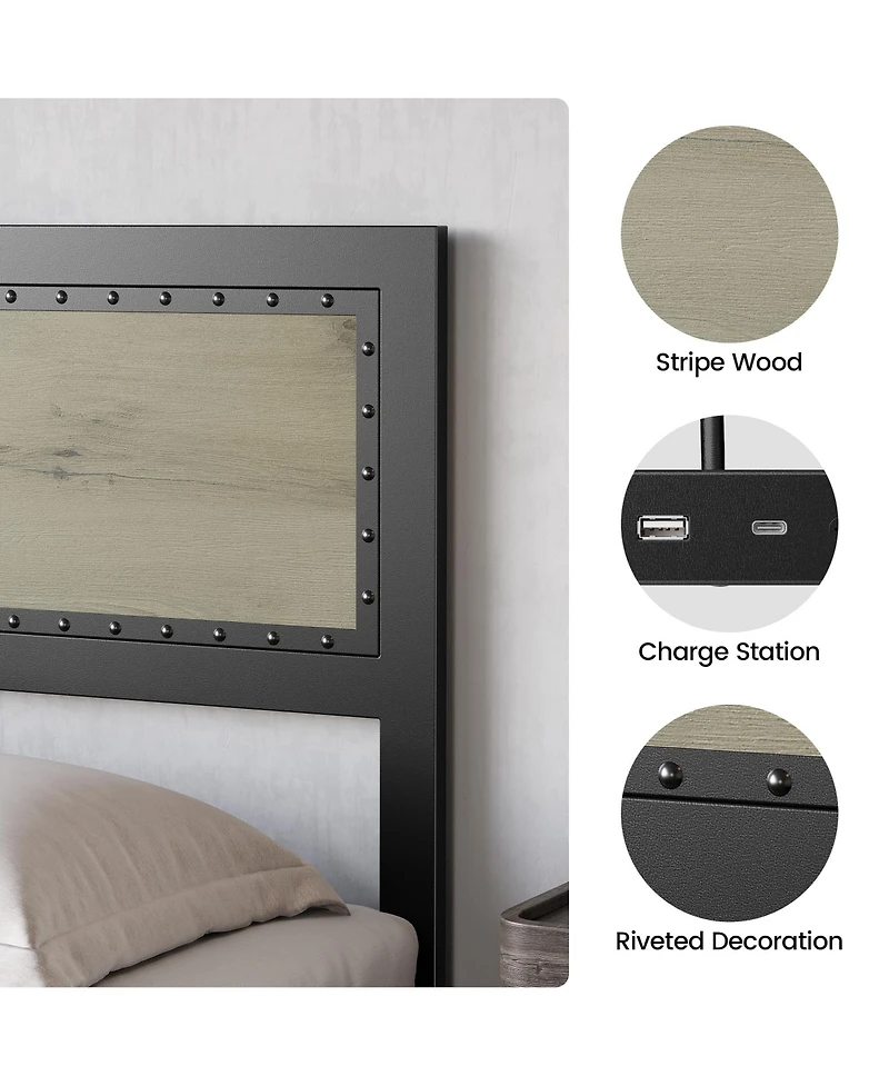 gaomon Full Size Bed Frame with Headboard, Industrial Platform Bed Frame with Charging Station
