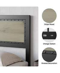 gaomon Full Size Bed Frame with Headboard, Industrial Platform Bed Frame with Charging Station