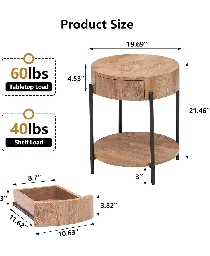 gaomon Round End Table Wood Side Table with Drawer Farmhouse Circle End Tables Accent Bedside Table Metal Frame Small Nightstand for Living Room, Bedr