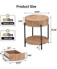 gaomon Round End Table Wood Side Table with Drawer Farmhouse Circle End Tables Accent Bedside Table Metal Frame Small Nightstand for Living Room, Bedr