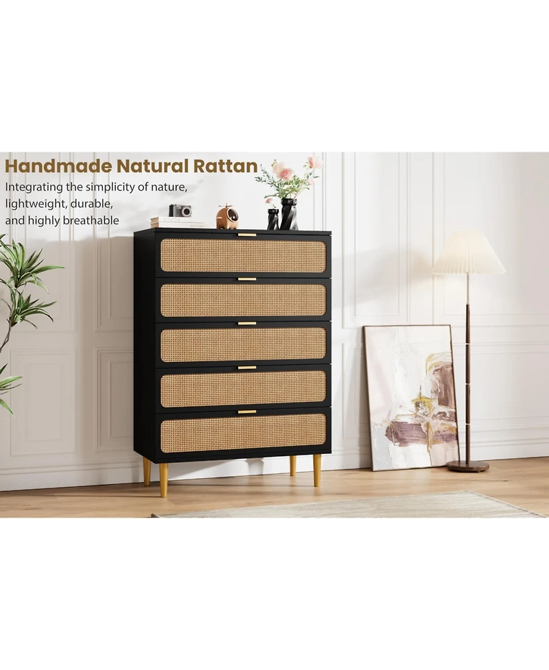 gaomon Rattan 5 Drawer Dresser for Bedroom