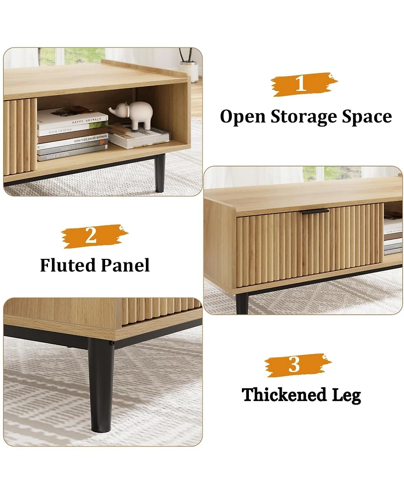 gaomon Fluted Coffee Table Light Wood Coffee Table 2 Tier Cocktail Table with Drawers