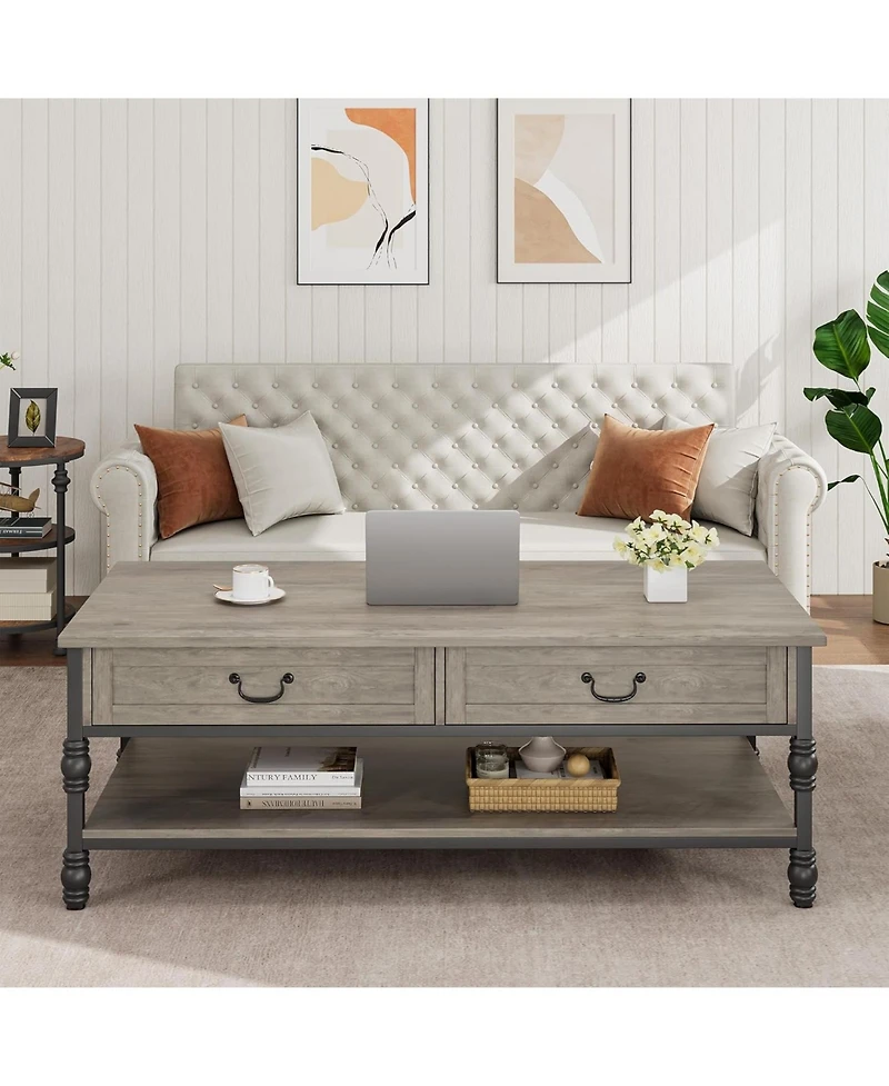 gaomon Coffee Table with Drawers, 41" Large Center Table with Storage Rectangular Cocktail Table, Mid Century Wooden Coffee Tables, Retro Living Room