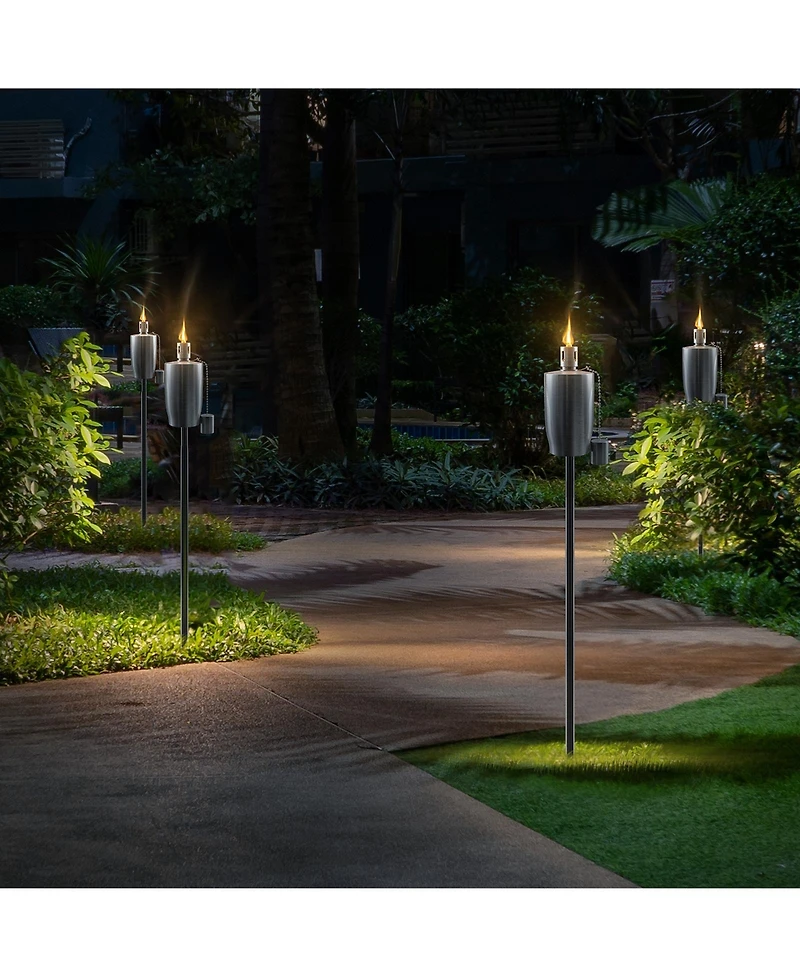 Sorbus 4 Pack Stainless Steel 5ft Outdoor Torches - Decorative Garden & Yard Lights - Fiberglass Wick & Snuffer Cap - Silver