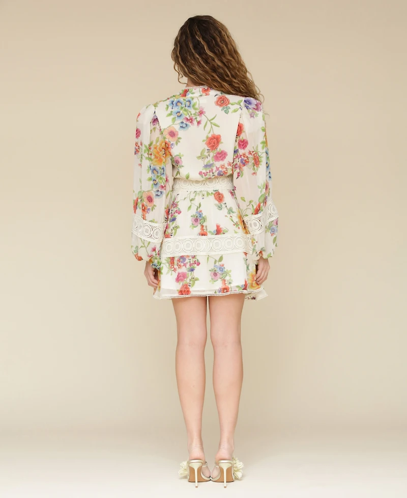 Avec Les Filles Women's Floral-Print Lace-Trim Chiffon Dress