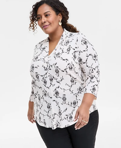 Jm Collection Plus Printed 3/4-Sleeve Top, Exclusively at Macy's