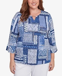Alfred Dunner Plus Classic Beaded Split Neck Patchwork Top