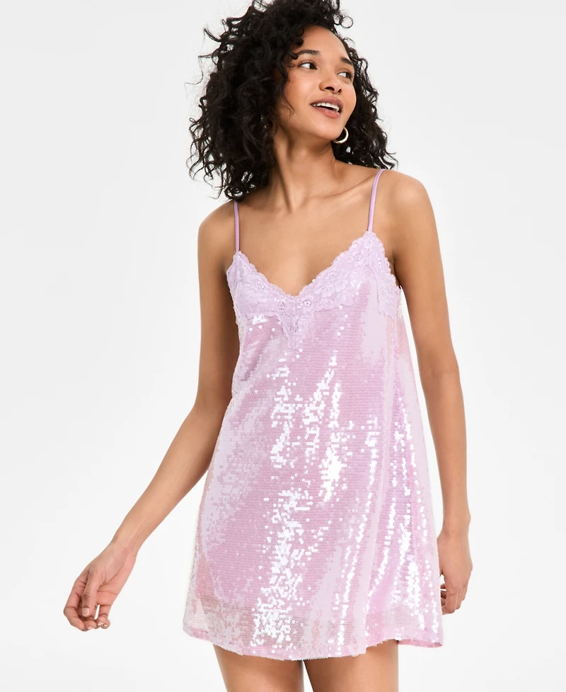 Seni & Cade Juniors' Sequined Lace-Trim Minidress