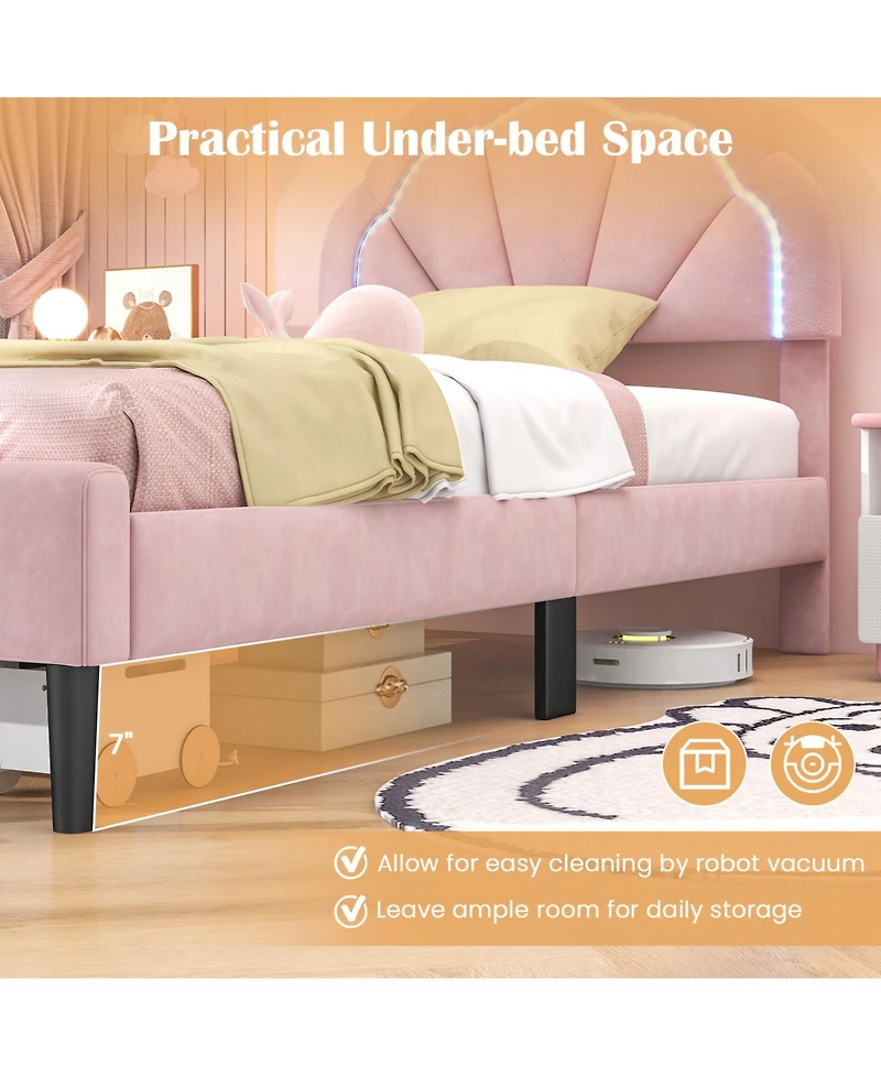 Twin Size Upholstered Led Bed Frame with Adjustable Flower Headboard and Metal Support Legs