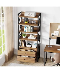 Tribesigns Bookshelf with Drawers, 70.8" Industrial Bookcase with 2 Drawers, 5 Shelf Open Shelf for Storage, Wood Book Shelf for Living Room, Bedroom