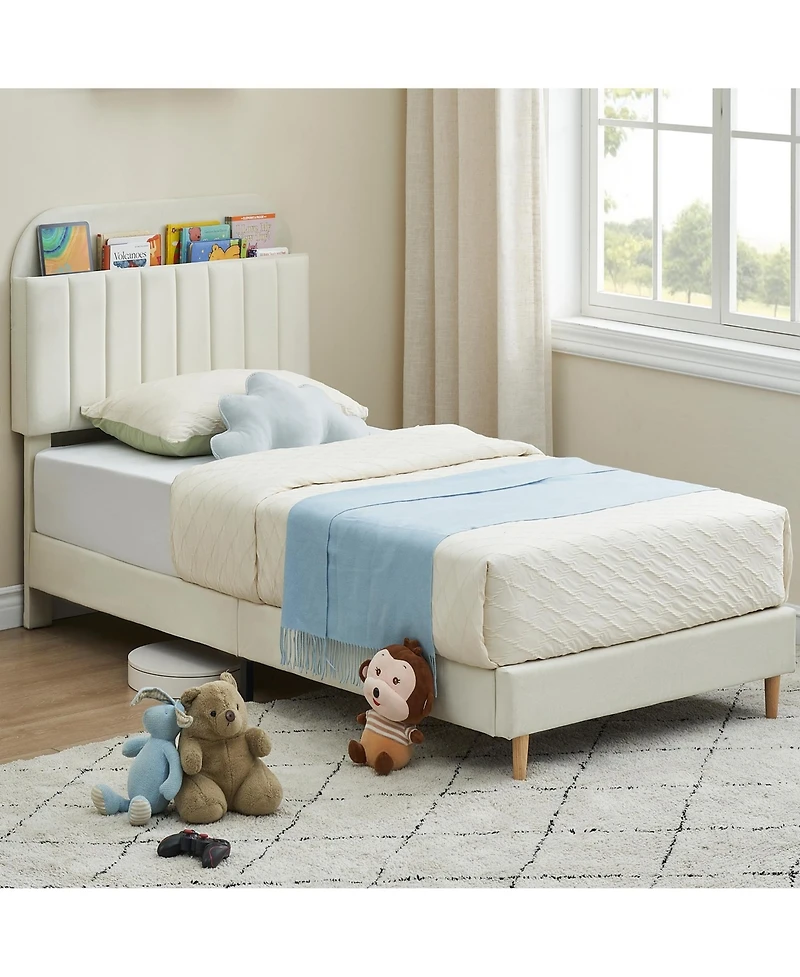 gaomon Twin Bed Frames, Upholstered Platform Bed Frame with Bookcase Headboard, Velvet Platform Bed Mattress Foundation