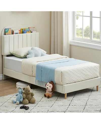 gaomon Twin Bed Frames, Upholstered Platform Bed Frame with Bookcase Headboard, Velvet Platform Bed Mattress Foundation