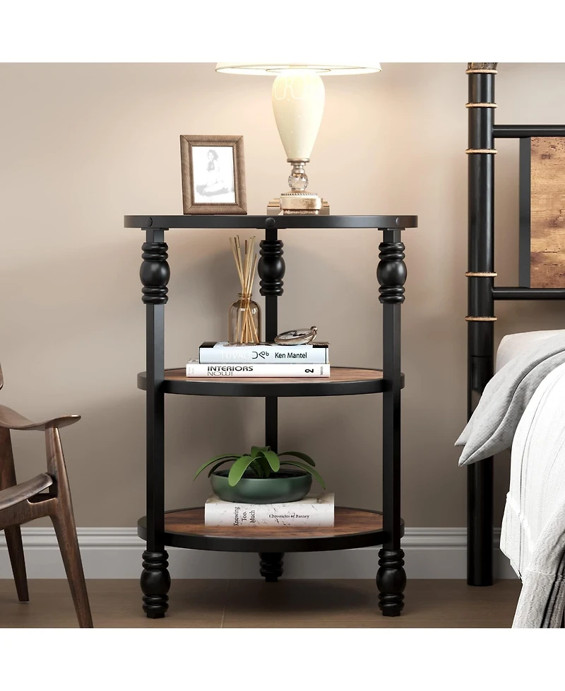 gaomon Round End Table, Small Accent Table with 3 Tier Storage Shelves, Farmhouse Wood Side Table, Metal Frame Industrial Night Stand for Living Room