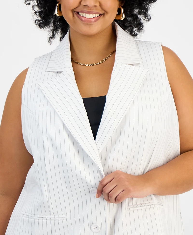 Bar Iii Trendy Plus Size Long White Pinstriped Vest, Created for Macy's