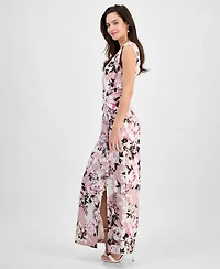 Connected Women's Floral Print Draped Sleeveless Gown