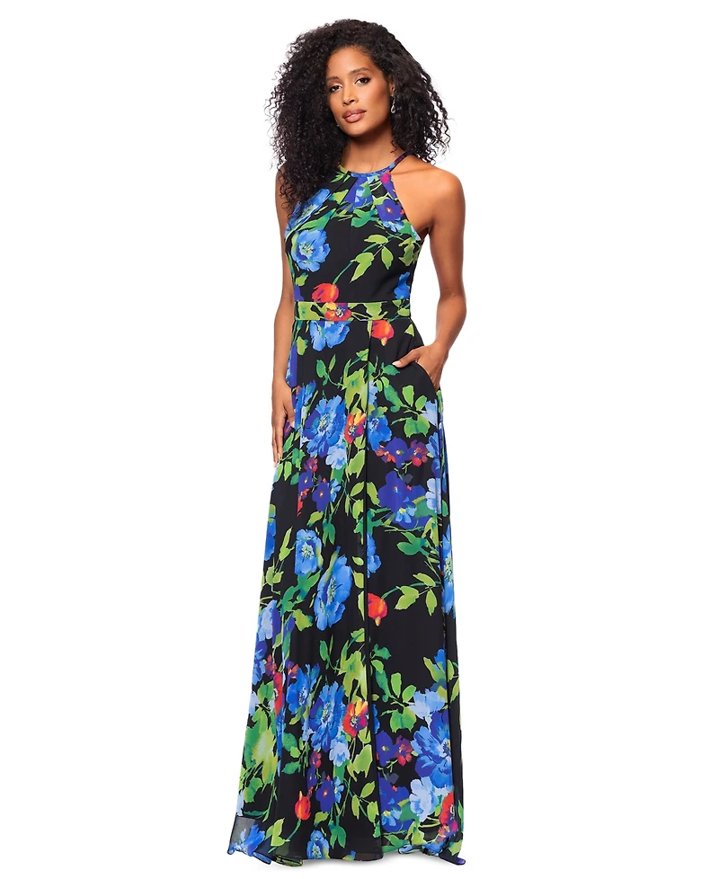 Betsy & Adam Women's Printed Chiffon Halter-Neck Gown