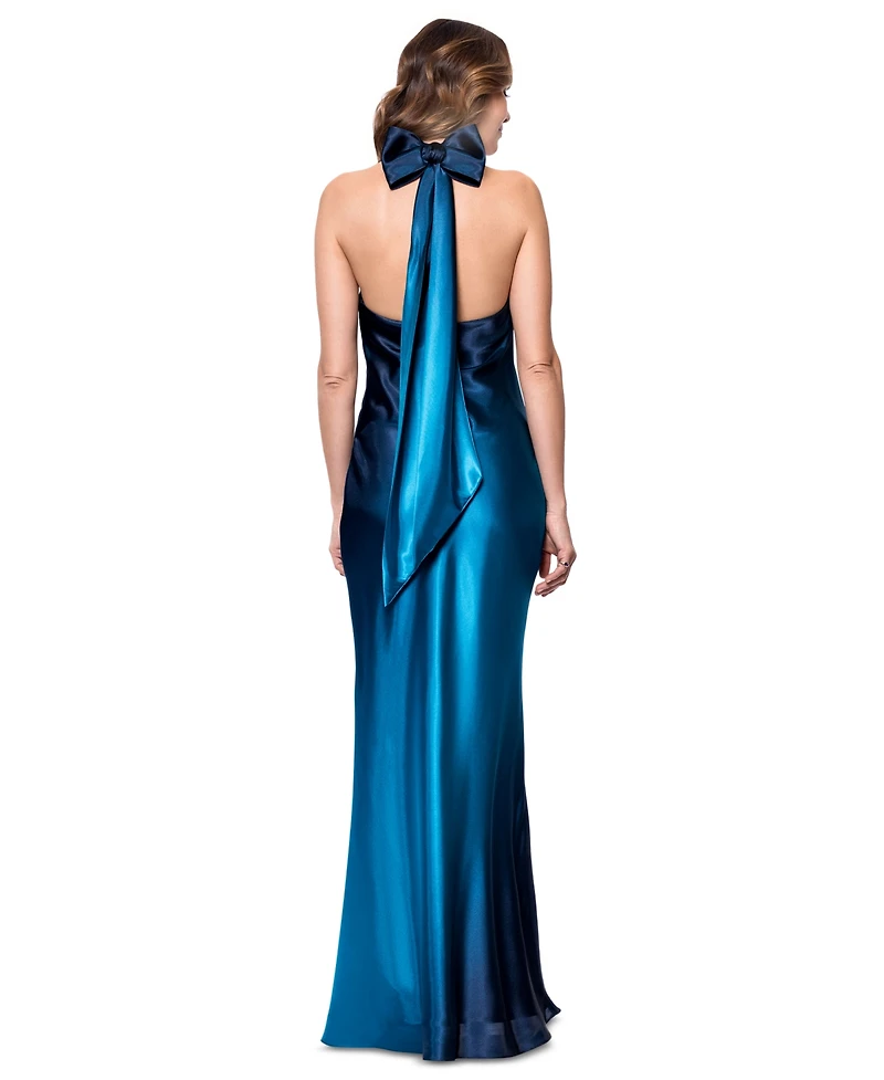 Betsy & Adam Women's Ombre Sleeveless Draped Halter Gown