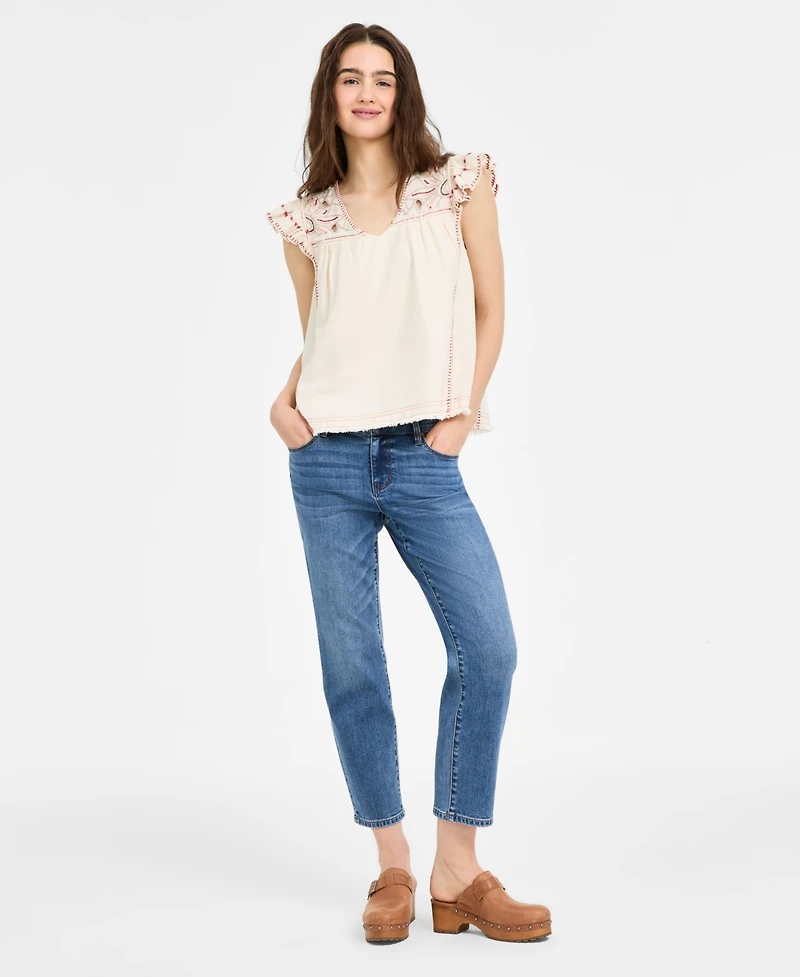 Liverpool Los Angeles Women's Flutter-Sleeve V-Neck Embroidered Blouse