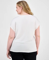 Anne Klein Plus Size Pleat-Neck Short-Sleeve Blouse