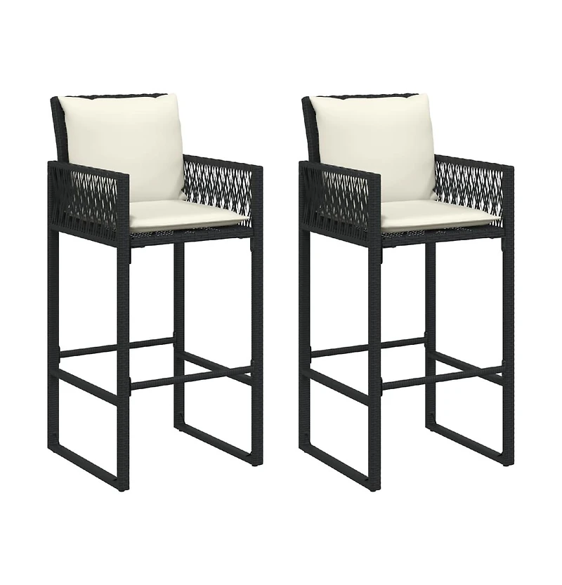 Patio Bar Stools with Cushions 2 pcs Black Poly Rattan