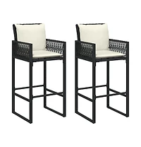 Patio Bar Stools with Cushions 2 pcs Black Poly Rattan