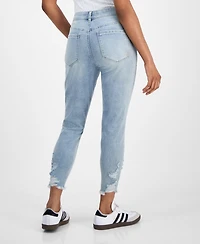 Indigo Rein Juniors' Mid Rise Button Fly Distressed Cropped Curvy Jeans