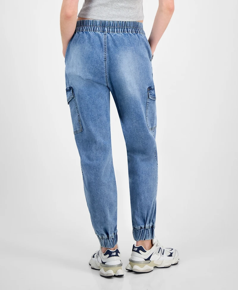 Madden Girl Juniors' Mid Rise Two Button Fly Cargo Jogger Jeans
