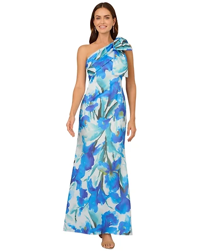 Adrianna Papell Women's Floral-Print Bow One-Shoulder Gown