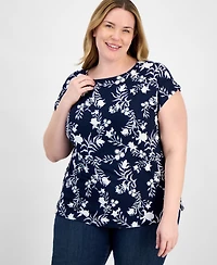 Style & Co Plus Size Printed Mixed-Media Relaxed Top, Exclusively at Macy's