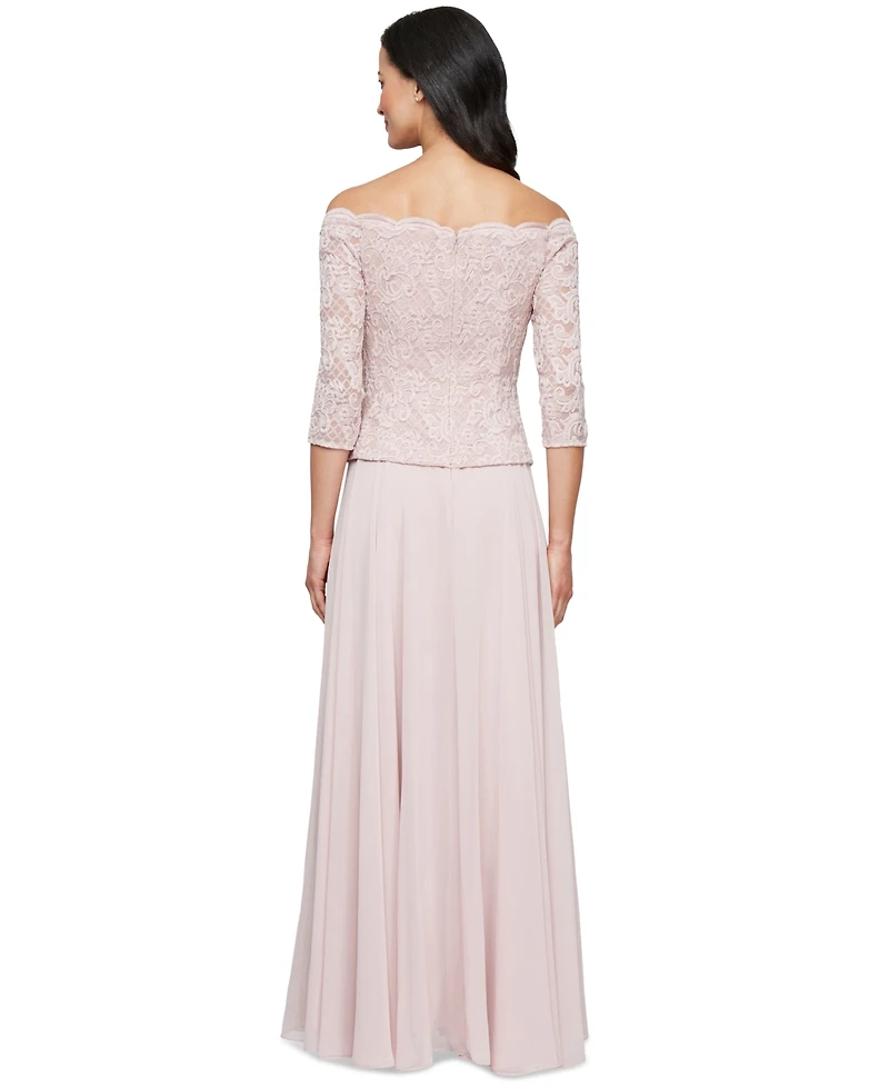 Alex Evenings Petite Lace Top Off-The-Shoulder Gown