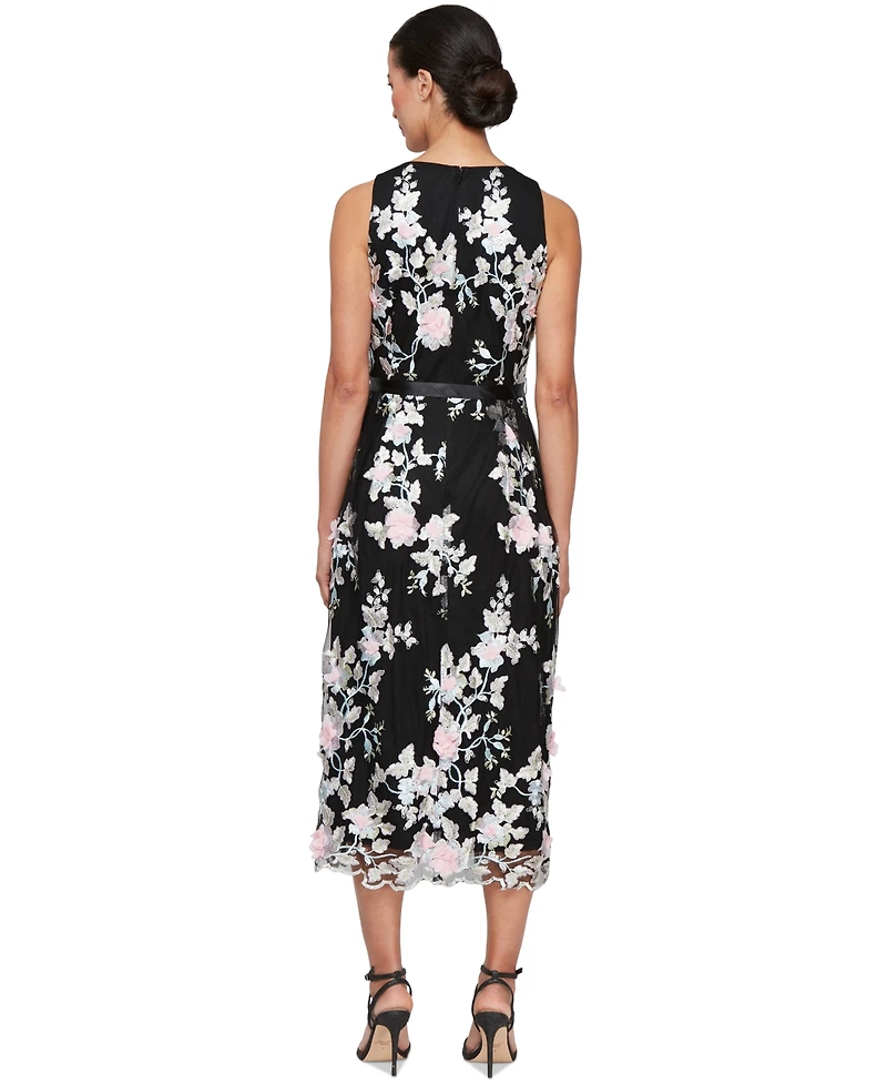 Alex Evenings Women's Embroidered-Chiffon Satin-Belt Dress