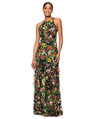 Betsy & Adam Petite Printed Ruffled Halter-Neck Gown