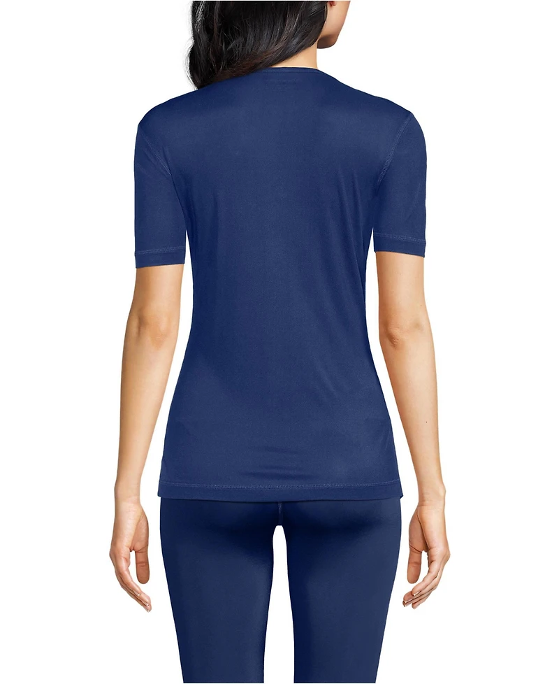 Lands' End Women's Silk Interlock Short Sleeve Crewneck Long Underwear Thermal Baselayer Top