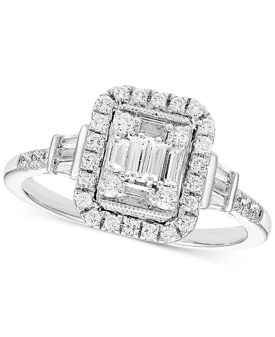 Diamond Emerald Shaped Halo Cluster Engagement Ring (1/2 ct. t.w.) in 14k White Gold