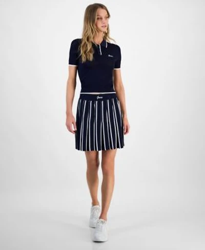 Guess Womens Contrast Tipped Short Sleeve Polo Top Striped Pleated Pull On Sweater Skirt