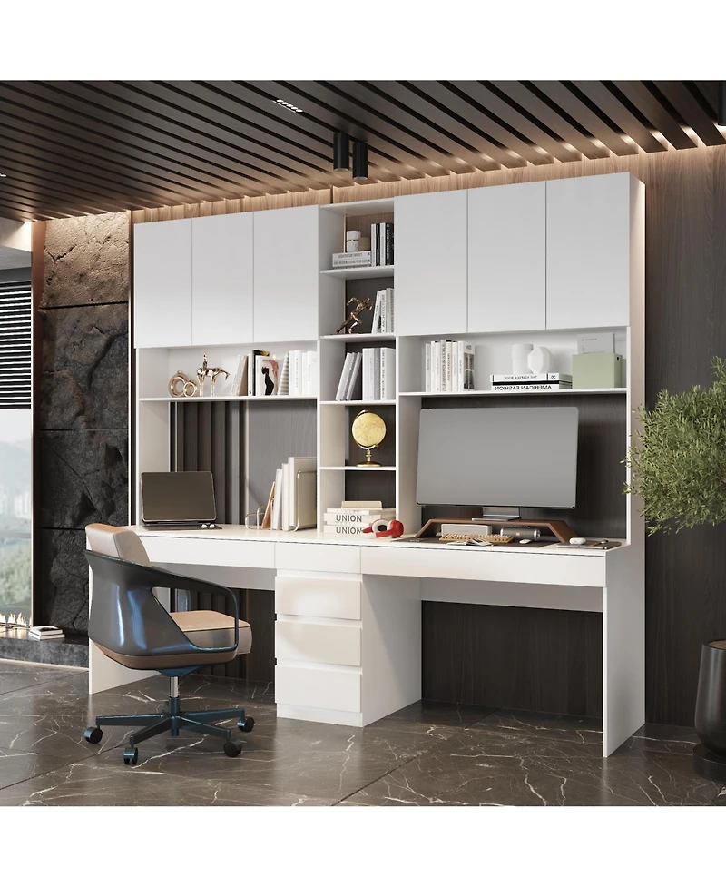 Famapy 94.5 in. W Large 2 in. 1 Wood Double Computer Desk White Writing Desk 86.6 in. Tall Bookshelf, Drawers Home Office
