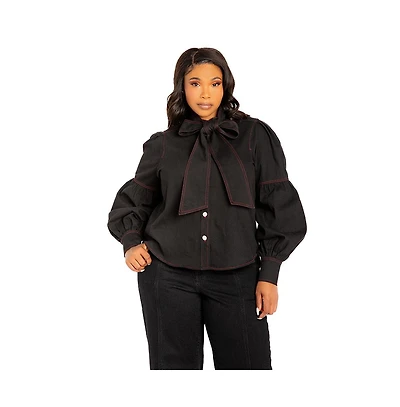 Buxom Couture Women's Plus Bow Neck Puff Sleeve Denim Blouse