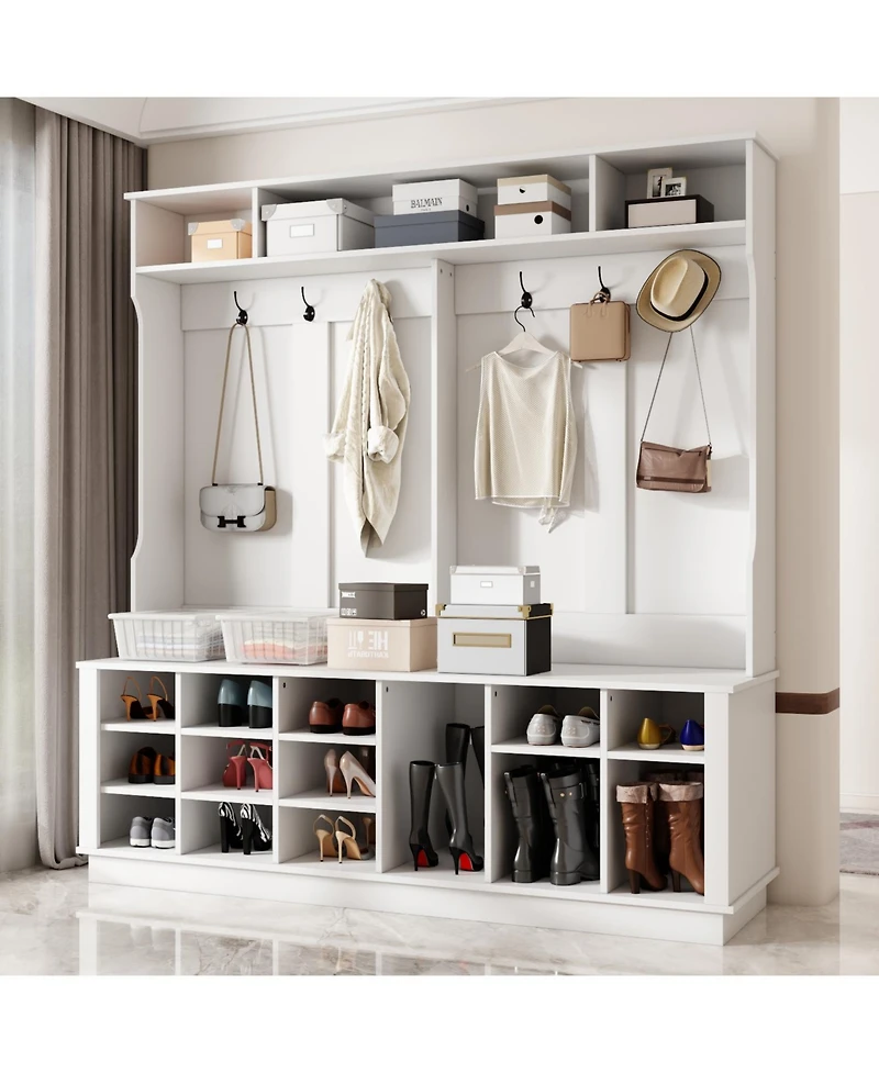 Famapy 63 in. W White Wood 3-in-1 Hall Tree Coat Rack Shoe Storage Bench with 6-Metal Double Hooks, Shoe Rack and Shelves