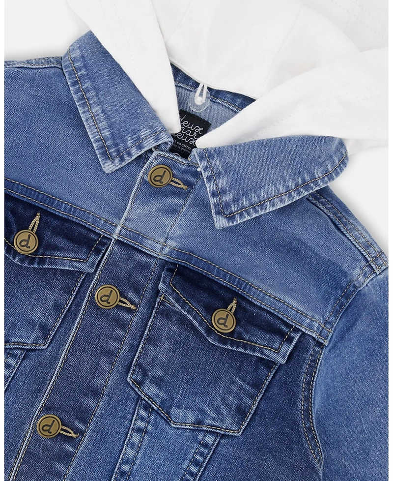 Deux par Deux Boy Denim Jacket With French Terry Hood White And Denim Blue - Toddler|Child