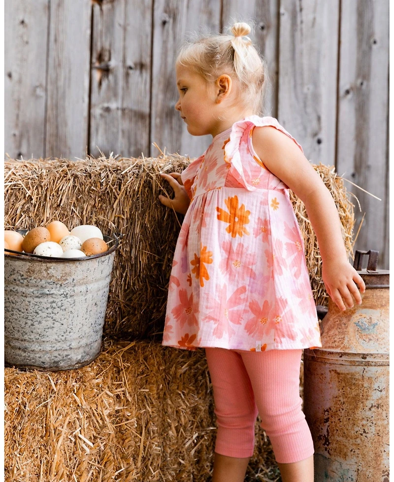 Deux par Deux Toddler Girls Printed Tunic And Solid Leggings Set Pink And Coral Flowers - Toddler|Child