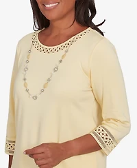 Alfred Dunner Petite Dress Code Solid Lace Trim Top with Necklace
