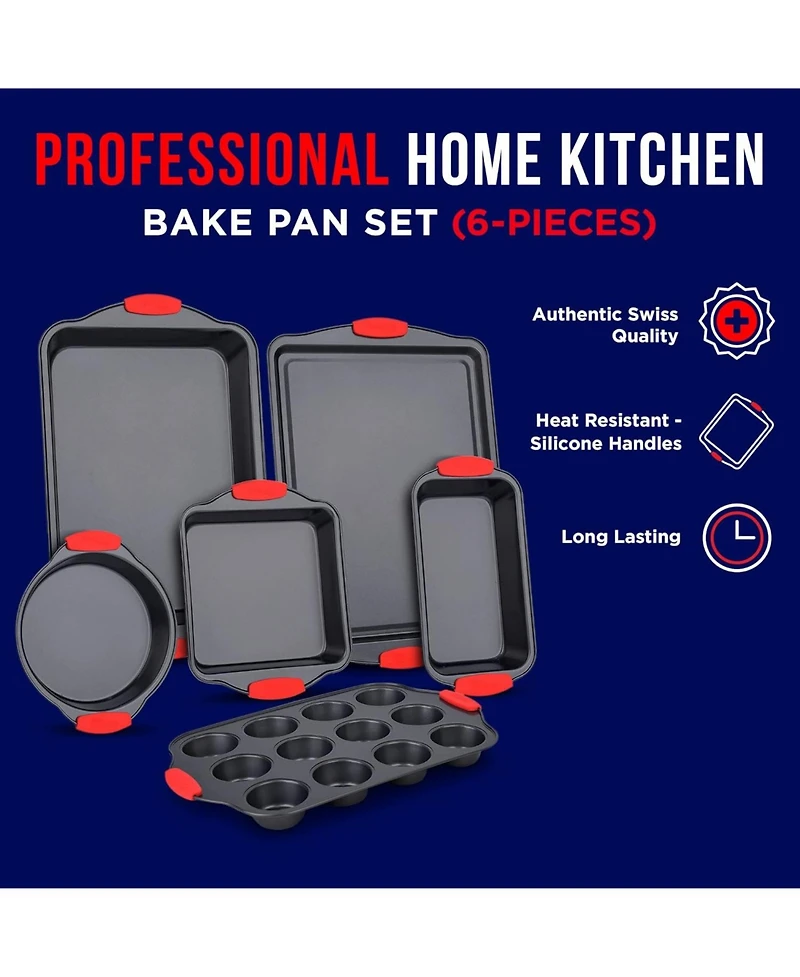Baking Set – 6 Piece Kitchen Oven Bakeware Set – Deluxe Non-Stick Black Coating Inside and Outside – Carbon Steel – Red Si