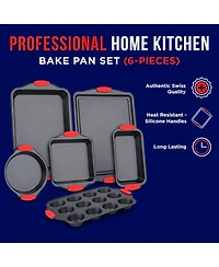 Baking Set – 6 Piece Kitchen Oven Bakeware Set – Deluxe Non-Stick Black Coating Inside and Outside – Carbon Steel – Red Si