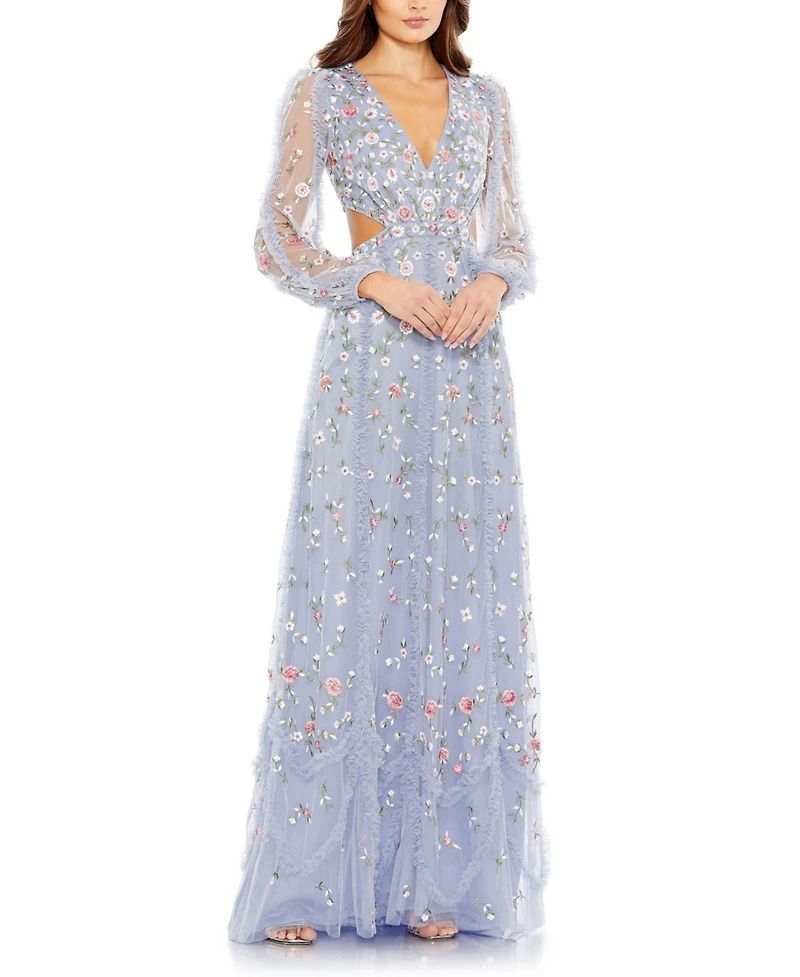 Mac Duggal Women's Long Sleeve Embellished Cut Out A-Line Gown