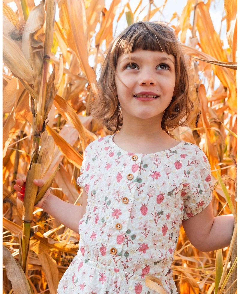 Deux par Deux Toddler Girls Printed Seersucker Jumpsuit With Cut Outs Pink Flowers On Cream Background - Toddler|Child