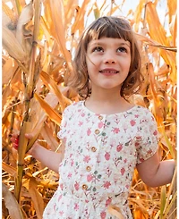 Deux par Deux Toddler Girls Printed Seersucker Jumpsuit With Cut Outs Pink Flowers On Cream Background - Toddler|Child