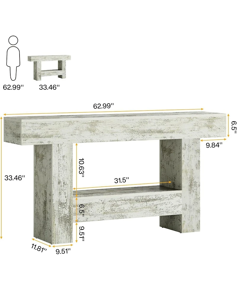 Tribesigns 63-Inch Long Console Table, Farmhouse Entryway Table with Storage, Rustic Wood Sofa Table Behind Couch Table, Distressed White